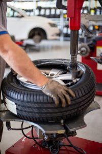 A tyre being repaired in a garage